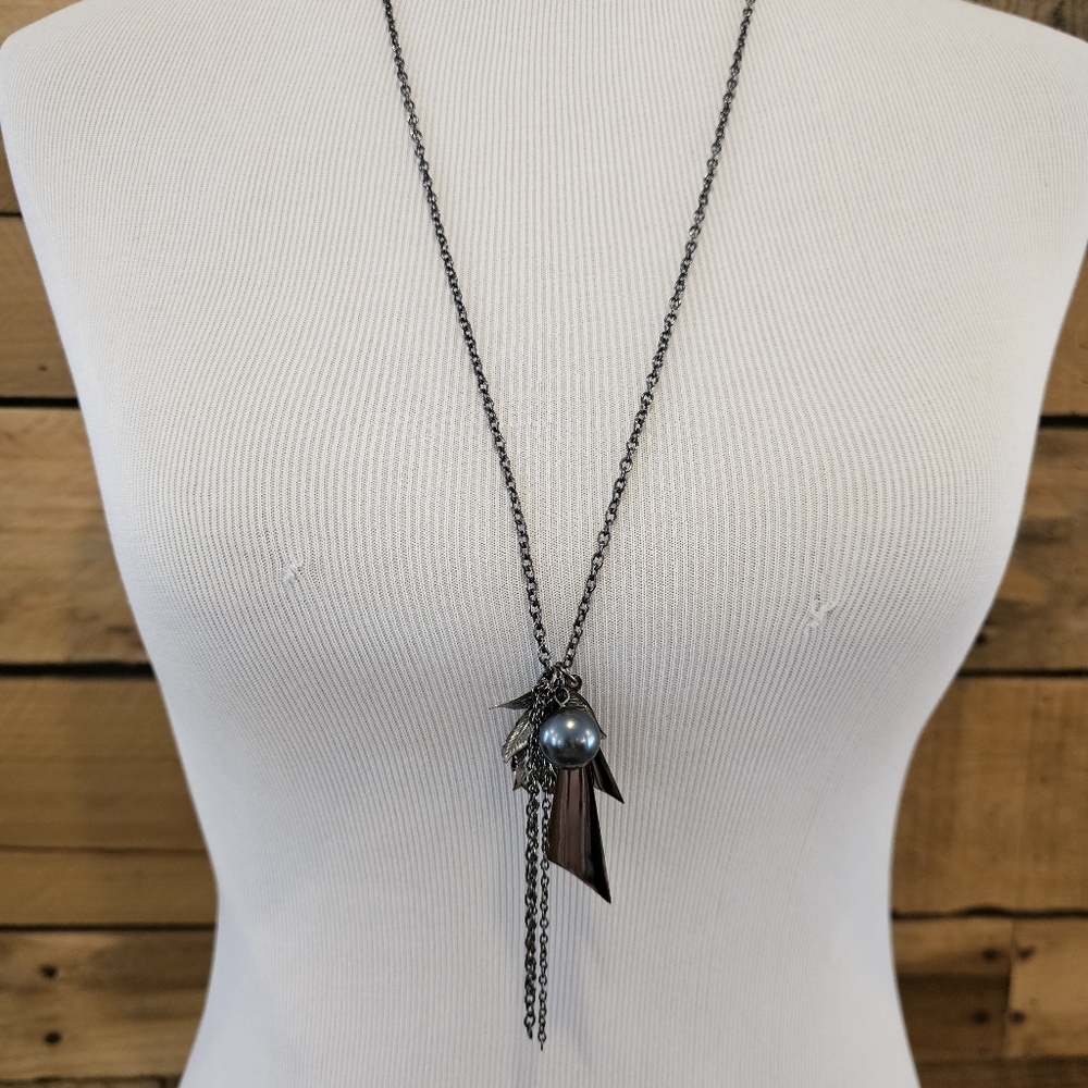 Long Gunmetal-tone Statement Necklace w/ Grey Pearl, Fringe, Leaves, Geometric